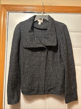 LOFT Black & White‎ Tweed Zip-Front Blazer Jacket M